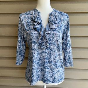 •Chaps• Jacobean Floral Ruffle Front Top - Size Large